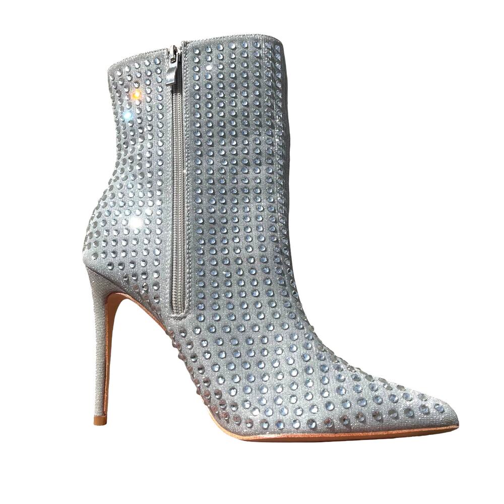 Silver Crystal Studded Pointed Toe Stiletto Ankle Festival Party Boots Size 8